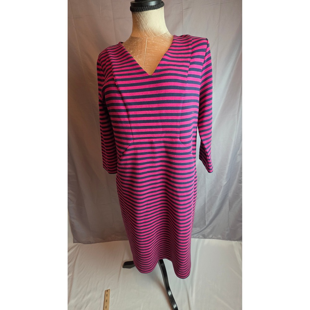 Boden Pink Navy Striped V-Neck Sheath Dress 14L Mod Workwear Business Cas D1044